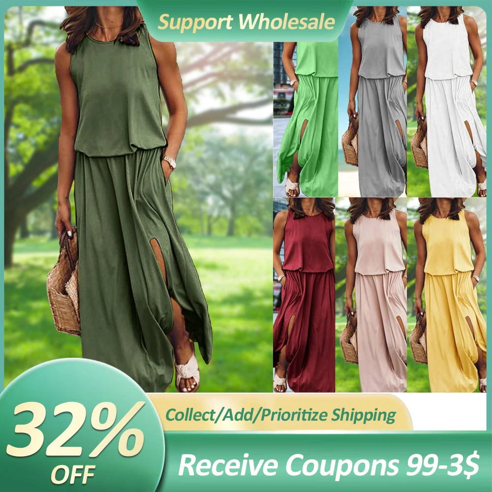 

Summer Party Club Dress Round Neck Loose Dresses Waist Tight Split Hem Elegant Fashion European Breathable for Weekend Vacation