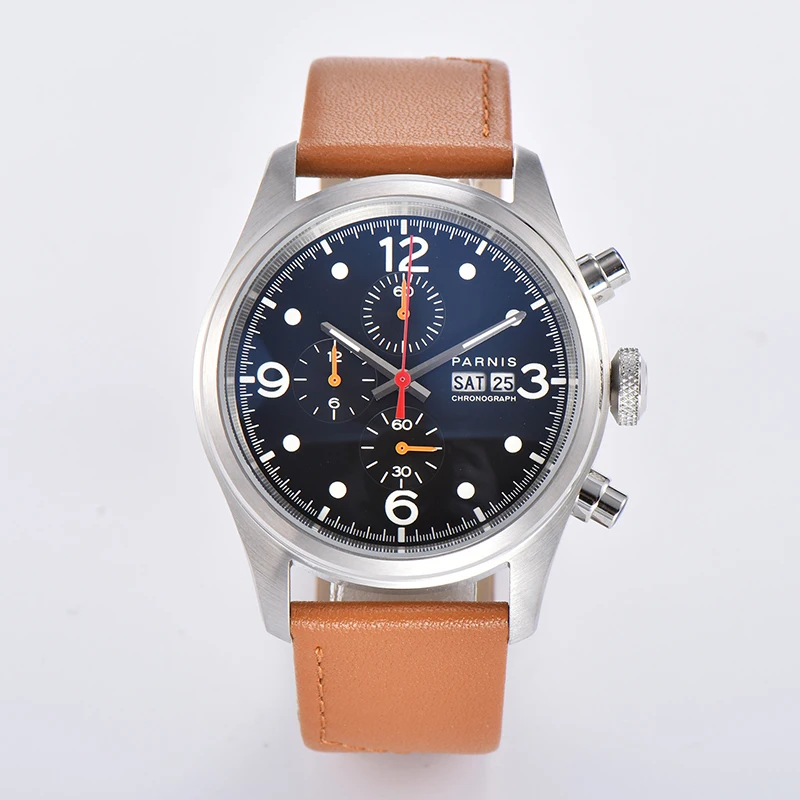 

Casual Parnis 42mm Silver Case Quartz Chronograph Men Watch Brown Leather Strap Week Display Calendar Watches With Box Gift 2022