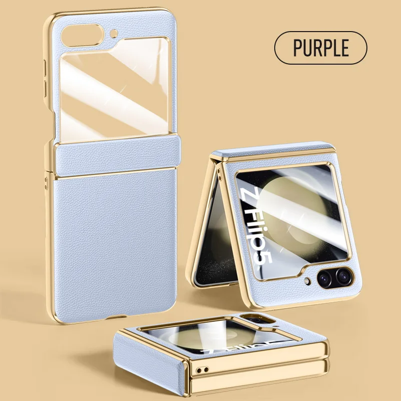 

With Spring Hinged PU Leather Screen Tempered Glass Protector Case For Samsung Z Flip 5 Galaxy Z Flip5 All-inclusive Phone Cover