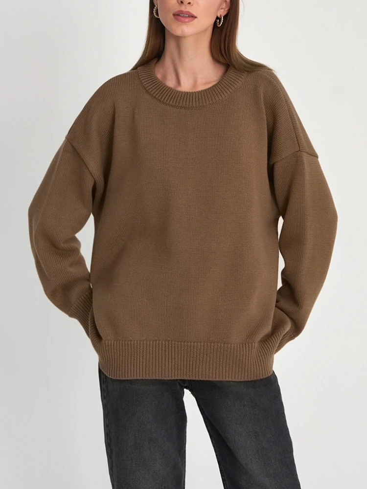 

Женский свитер оверсайз с круглым вырезом, элегантный плотный теплый вязаный пуловер с длинным рукавом, повседневные свободные Джемперы, Осень-зима