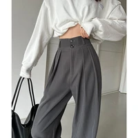 woman pants high waisted 2 buttons pleated trousers baggies full length office ladies work black gray vintage bottoms