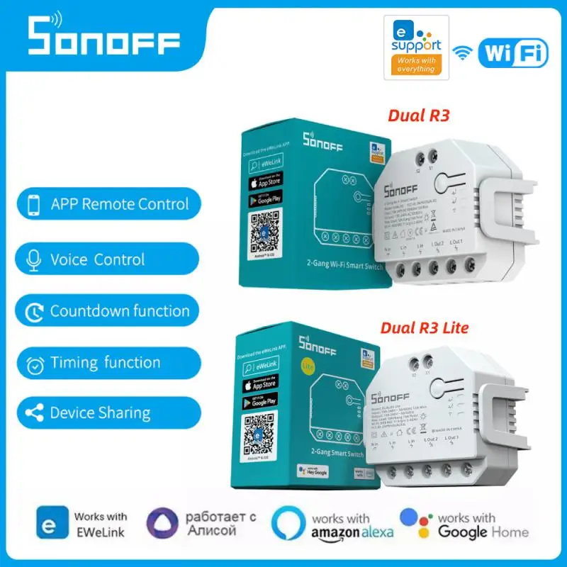 

SONOFF Dual R3/Lite Wifi Smart Switch 2Gang Relay Power Metering Wireless APP Control Breaker Works With Alexa Google Home Alice