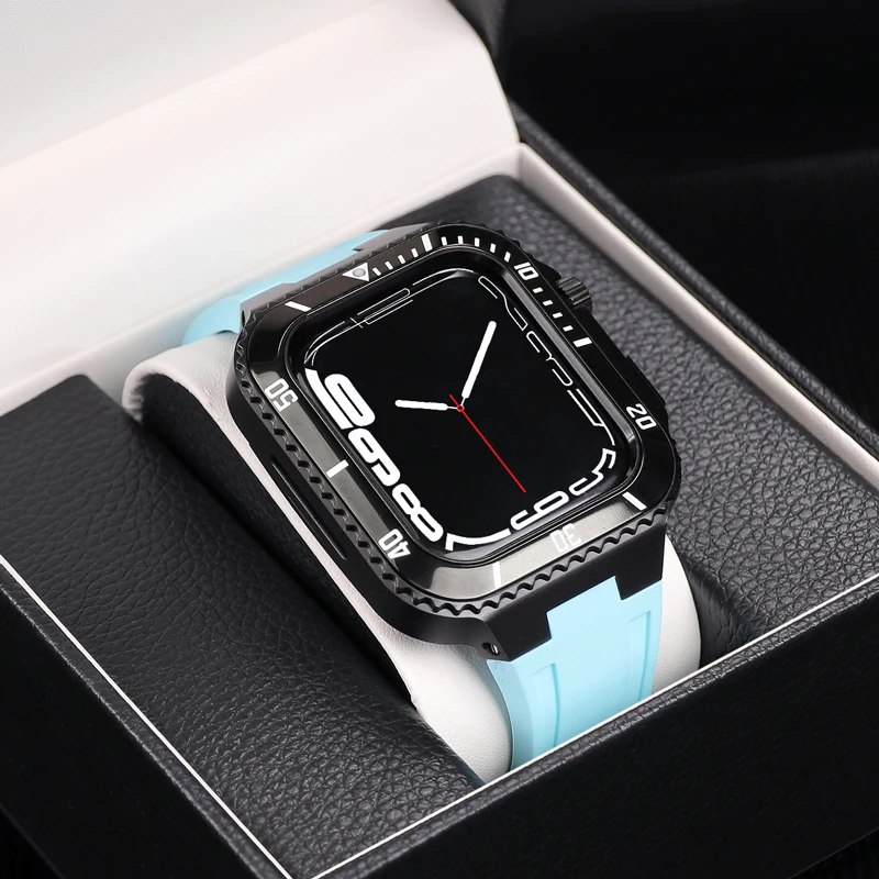 Stainless Steel Bezel Silicone Strap for Apple Watch Band 44 45MM Mod Kit Luxury Protective Case for IWatch Series 8 7 SE 6 5 4