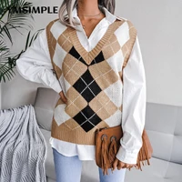 autumn winter women v neck geometric argyle knitted vests fashion ladies 2022 sleeveless sweaters pullover female waistcoat 2022