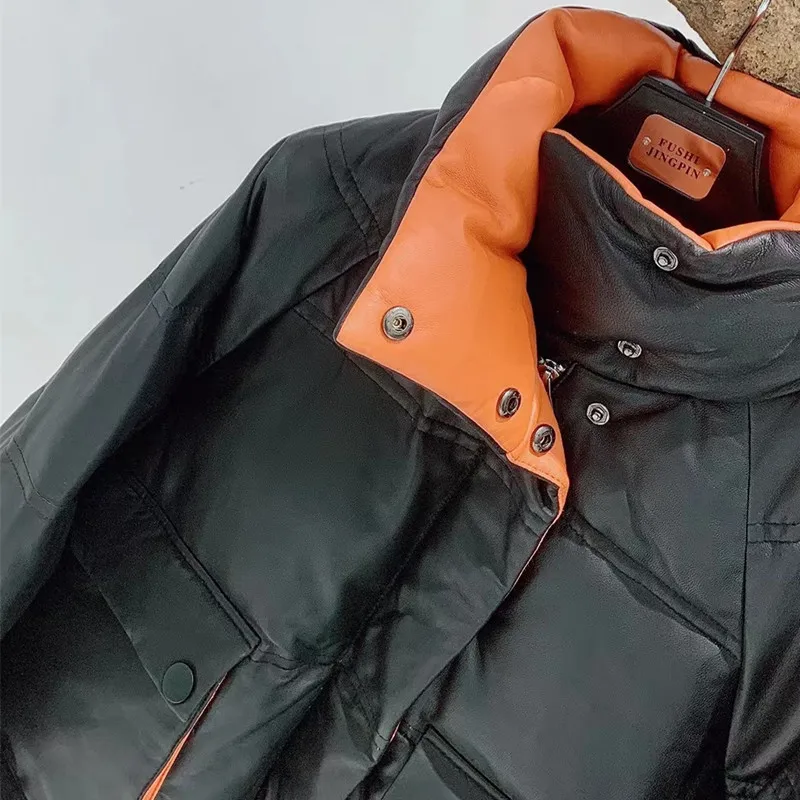 Leather Jacket Winter Women's Sheepskin Goose Down Jacket Female Warmer Short Leather Down Sheep Skin Stand Collar Bread Outwear