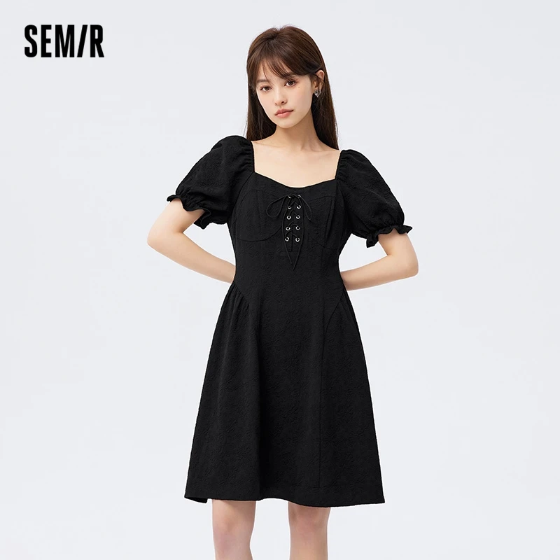 

Semir Dress Women Bubble Sleeves Romantic Summer 2023 New Style Strap Square Neck Short Dress Sweet And Cool