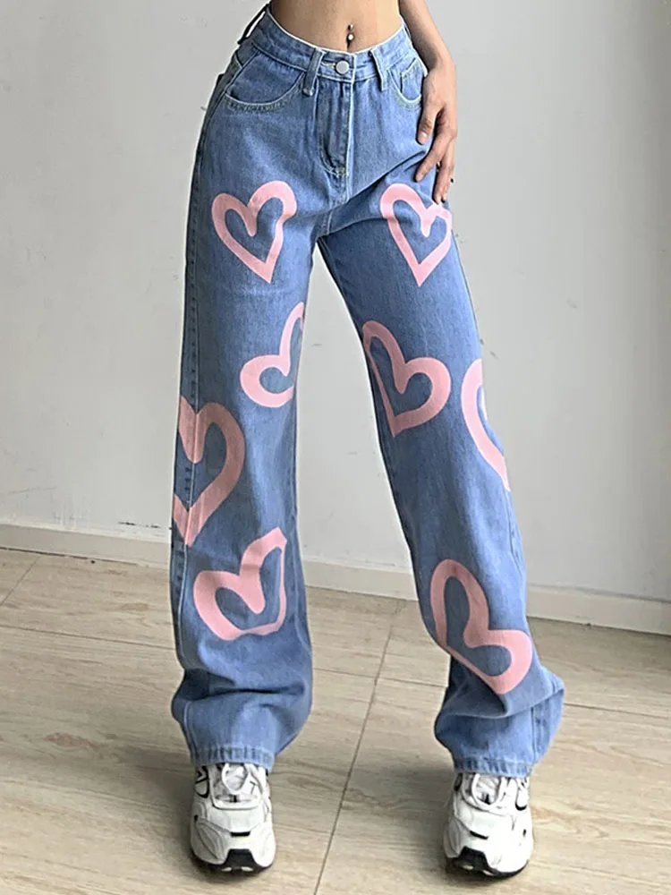 

Heart Pattern Vintage High Waist Jeans Woman Boyfriends Women's Jeans Full Length Mom Jeans Cowboy Denim Pants Vaqueros Mujer