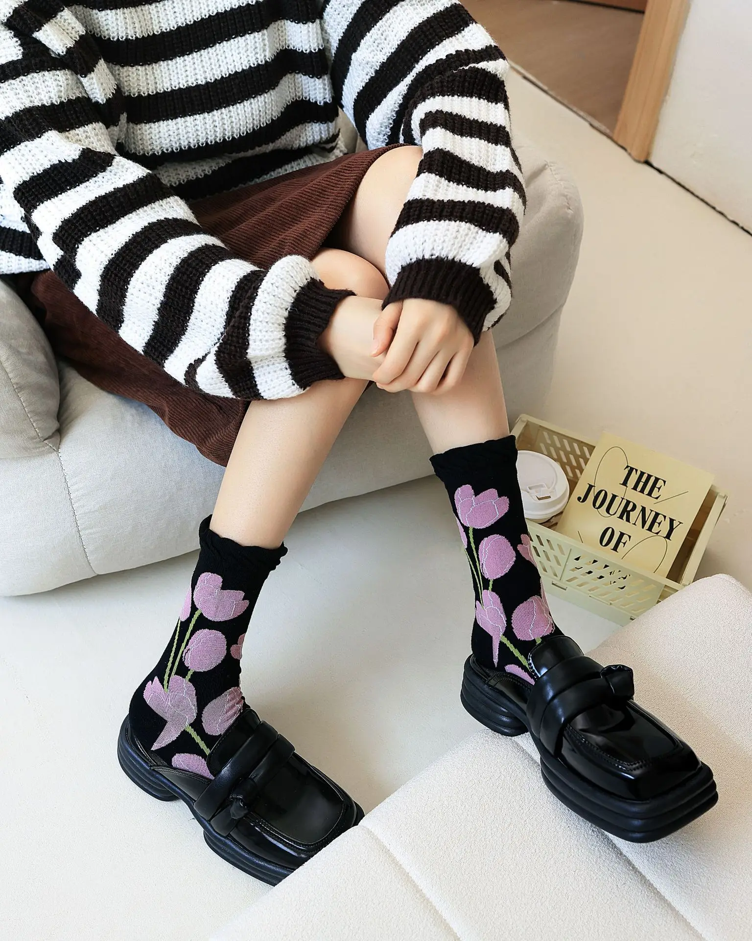 5 Pairs Cute Flowers Lolita Spring Summer Sweet Japanese Socks Set Black White Fried Dough Twists Bow Plaid Cotton Socks Women