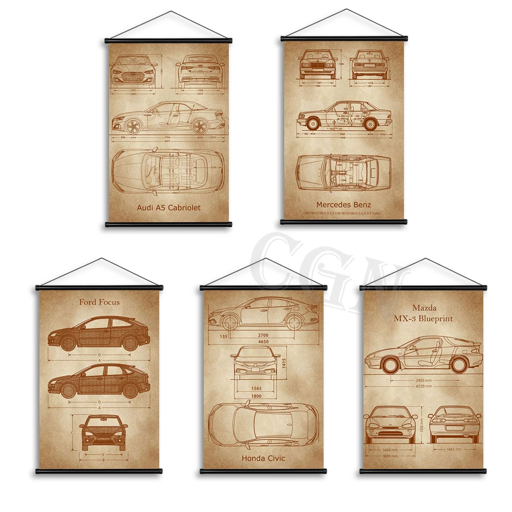 

Mazda MX-3 Blueprint Hanging Scrolls Vintage Car Posters and Prints Wall Art Picture Canvas Painting Home Boys Room Decoration