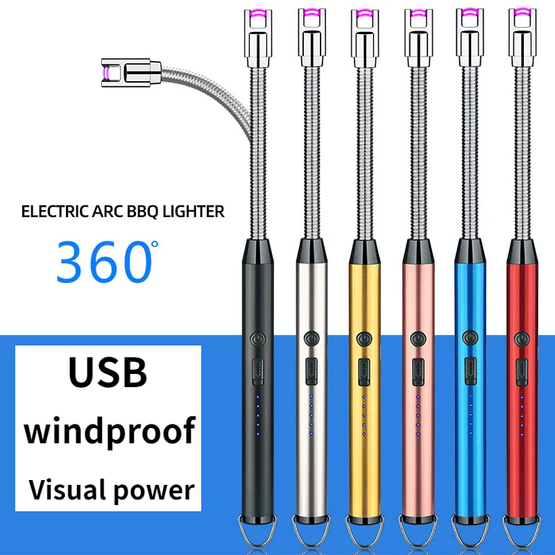 Electric Rechargeable Long Kitchen Lighter for Stove Windproof LED Plasma Arc Flameless Candle Unusual Lighters Outdoor