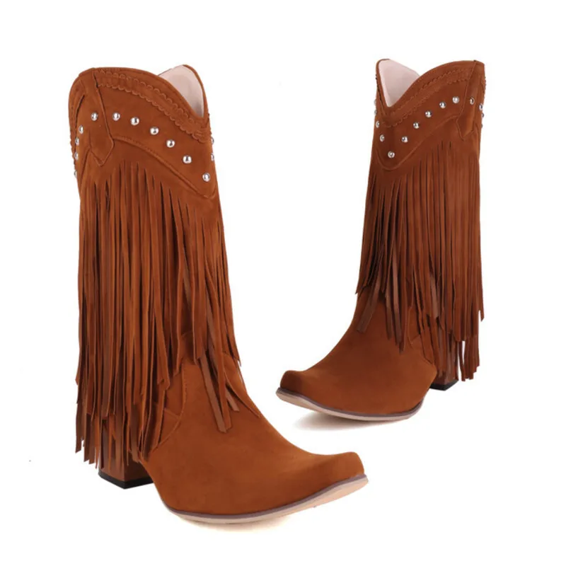 Women Tassel Cowgirl Boots Shoes 2022 New Fringe Middle Heels Western Boots Fashion Slip-on Wedge Pointed Toe Boots Female