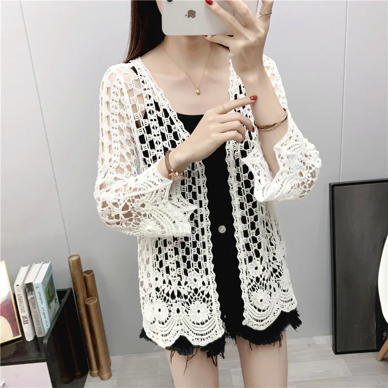 Beach Sun Protection Clothing Women's Spring and Summer Lace Hollow Knitted Cardigan Seaside Vacation Loose Blouson