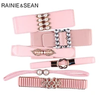 pink women belt elastic vintage pearl decoration ladies belt for dress faux leather female waist belt