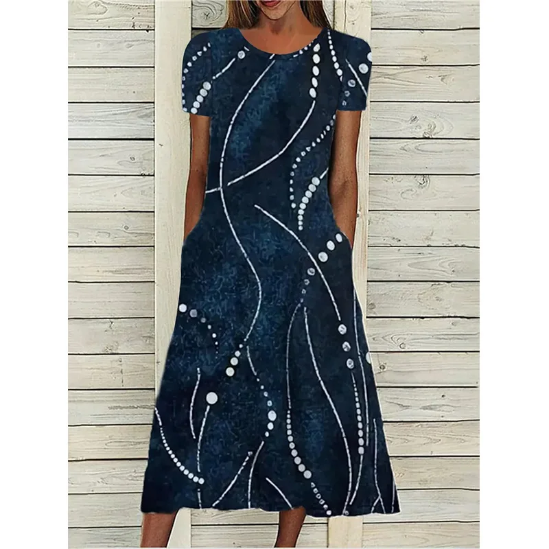

2023 New Women's Straight Long Dress Green Blue Wine Short Sleeve Print Dress