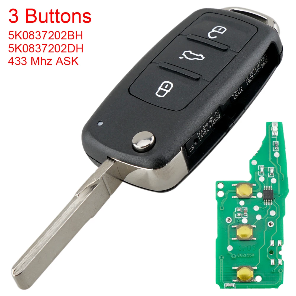 

3 Buttons 433MHz ASK Remote Key Fob 5K0837202BH 5K0837202DH for V-W Caddy Transporter Beetle Jetta Sharan Scirocco Polo Tiguan