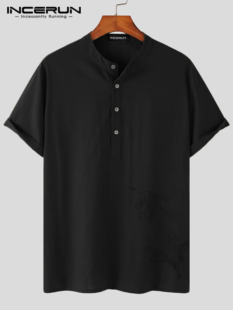 INCERUN Tops 2022 Men's Retro Ethnic Style Stand Collar Embroidered Blouse Solid Comfortable All-match Short Sleeve Shirts S-5XL