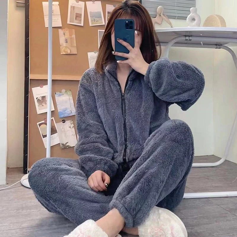 

Женская плюшевая Пижама на молнии, однотонная Повседневная зимняя утепленная теплая Коралловая флисовая Домашняя одежда большого размера