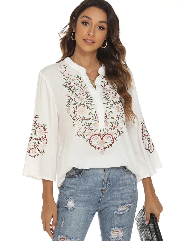 KHALEE YOSE Embroidery White Blouse Shirt Floral Cotton Mexican Shirt Women Hippie Vintage Chic 23XL Loose Holiday Ethnic Shirt