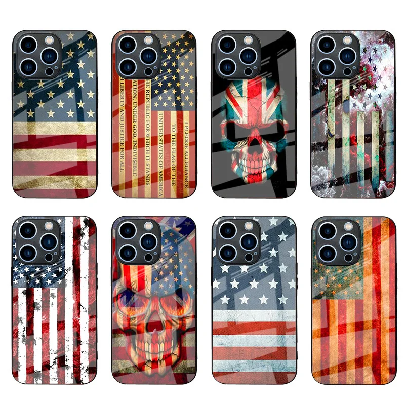 

10pcs American Flag Pattern Soft TPU + Tempered Glass Case for iPhone 13 12 Pro Max Plus Mini 11 X XS XR 8 7 Back Cover