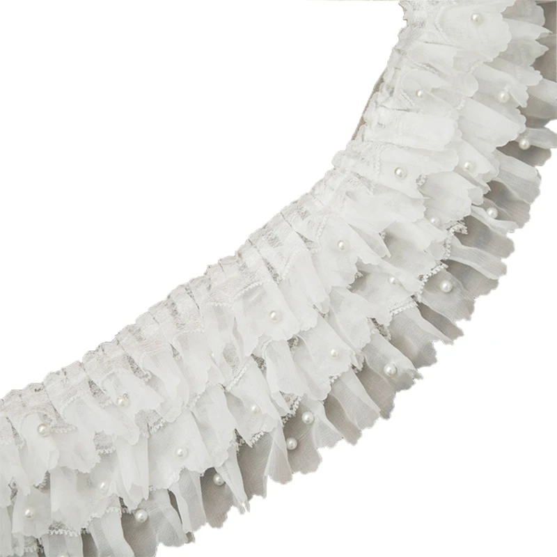 

Three Layers White Chiffon Beads Lace Trim Hundred Fold Skirt Cuffs for Doll Dress Lace Trim Wedding Dress DIY Accessori