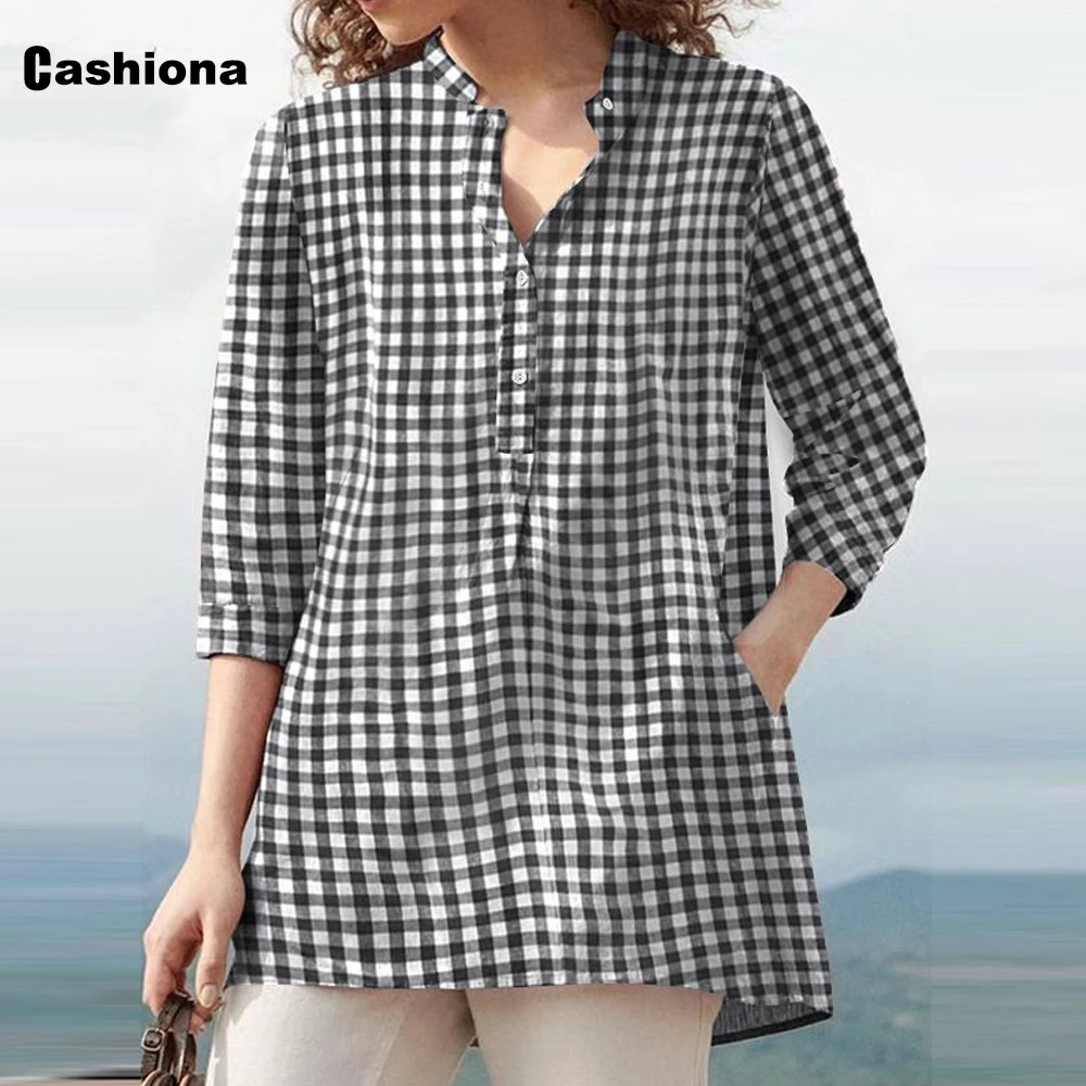 Plus Size Ladies Elegant Leisure Casual Blouse Women's Top Lepal Collar Pullovers 2022 Summer New Fashion Plaid shirts Clothing