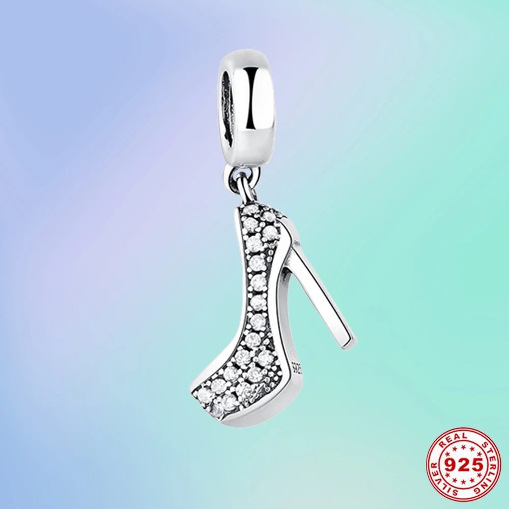 

New 925 Sterling Silver Pavé Stiletto Shoe Dangle Charm Beads Fit Original Pandora Charm Bracelet DIY Women Jewelry Fine Gifts