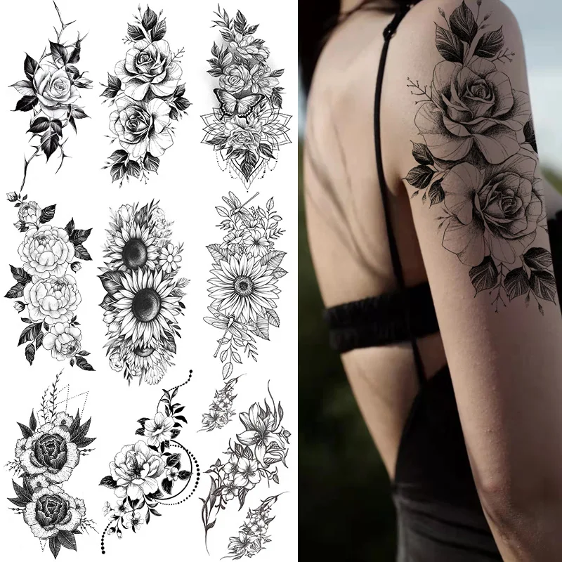 

Sexy Black Flower temporary tattoo stickers Waterproof Temporary Body Arm Leg Gem Henna Tattoo Fashion Big Fake Sleeve Sticker