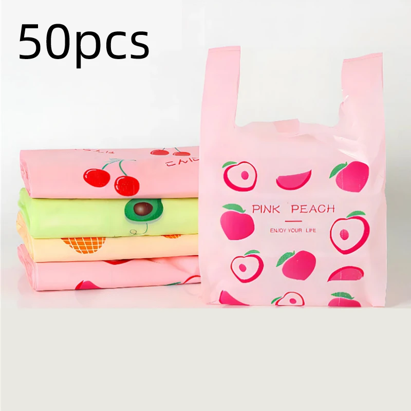 

50pcs Cute Fruit Plastic Bag Carry Out Bags Retail Supermarket Grocery Shopping Bag With Handle Food Packaging Bag