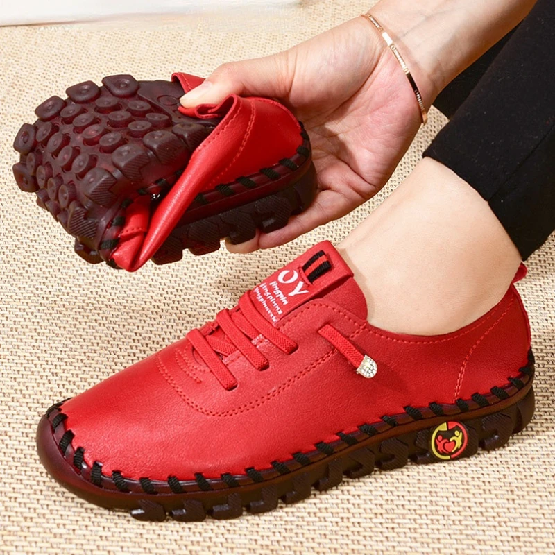 2023 Spring Casual Comfortable Women Shoes Platform Loafers Lace-up Leather Flats Slip-On Mom Shoe Mujer Zapatos Chaussure Femme