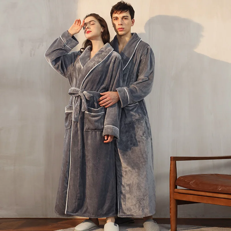 Winter Long Bathrobe Thick Warm Flannel Robe For Couple Man and Women Fleece Bathrobe Nightgowns For Winter Warm