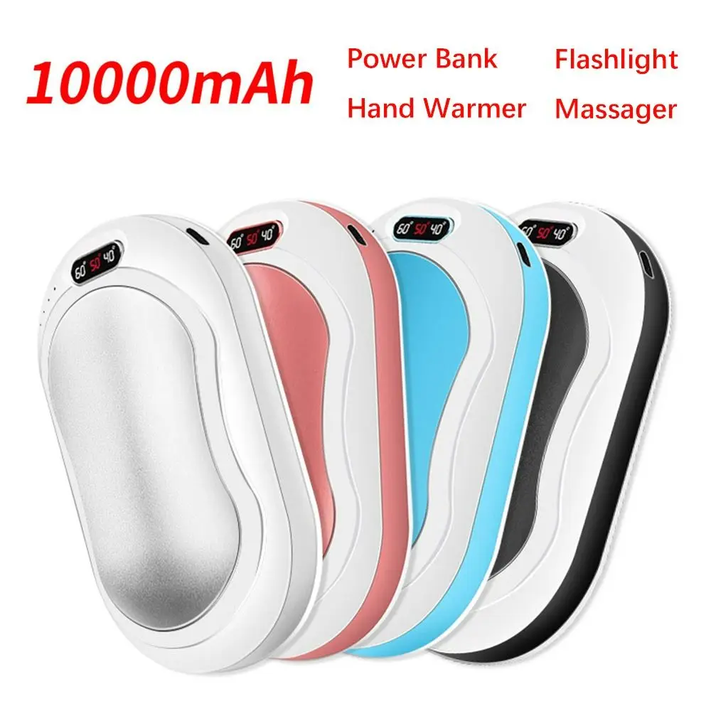 

10000mAh Power Bank 4 IN 1 USB Rechargeable Hand Warmer LED Flashlight Massager Double-Side Heating Third Gear Temperature