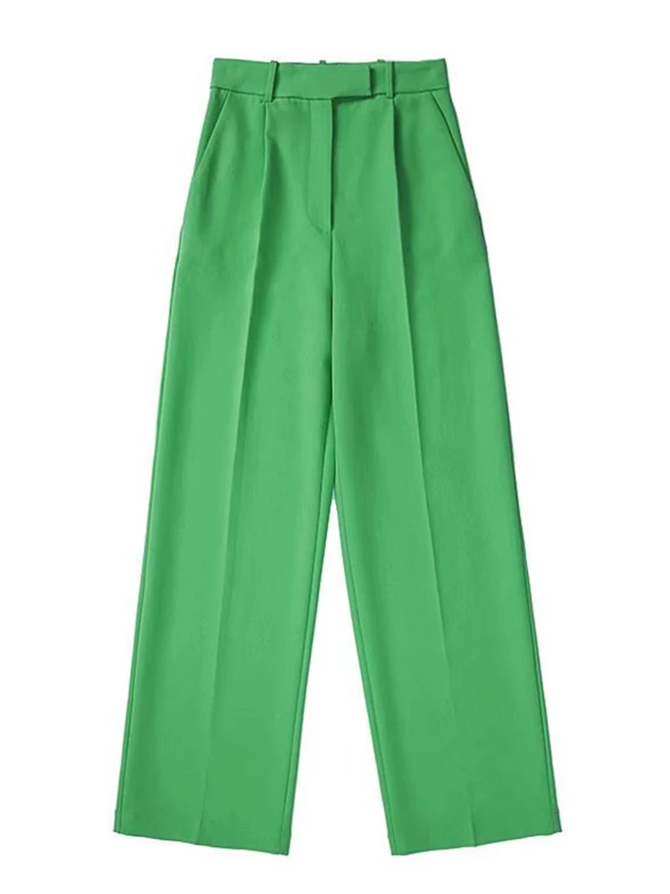

YENKYE 2022 New Female Green Wide Leg Suit Pants Trousers for Women Pockets Office Ladies Elegant Pants Pantalon