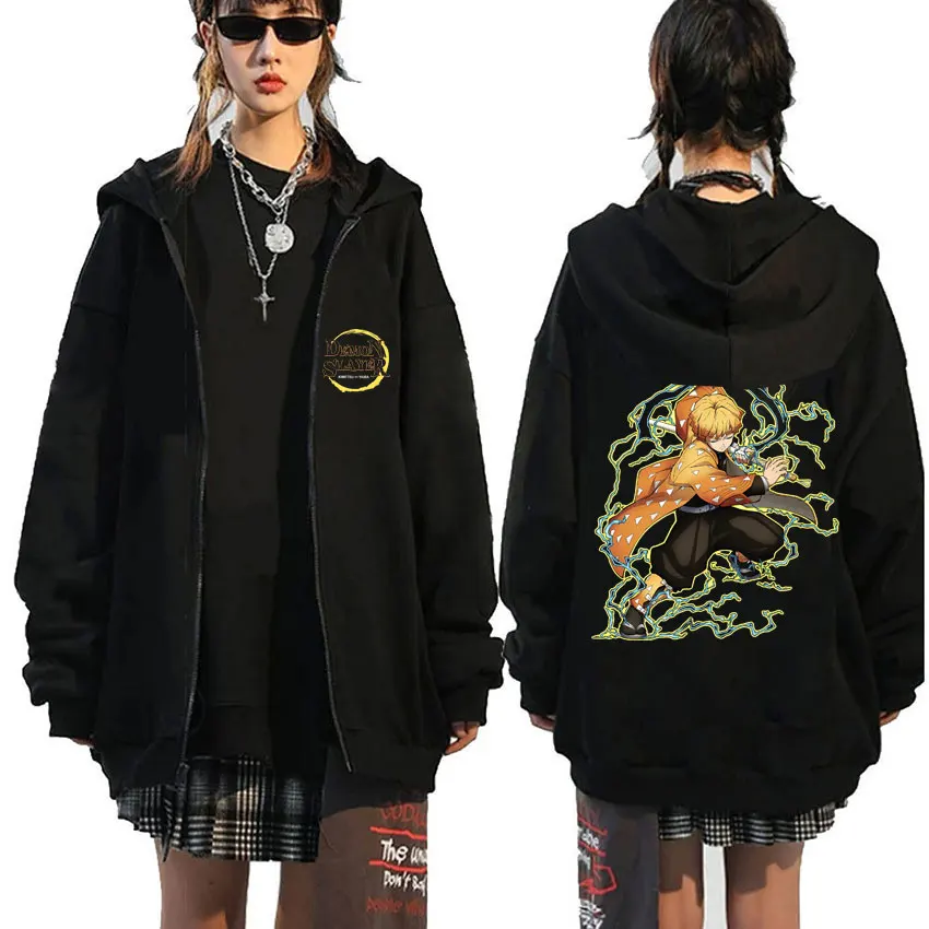 

Anime Demon Slayer Agatsuma Zenitsu Print Zipper Hoodie Men Loose Oversized Sweatshirt Mens Manga Kimetsu No Yaiba Zip Up Jacket