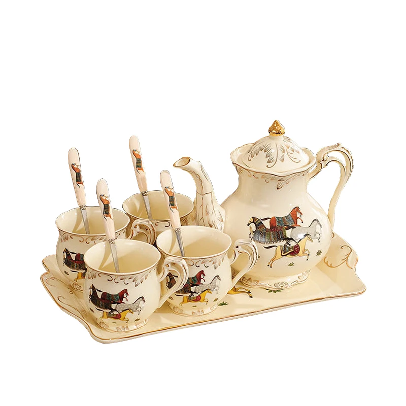 

Turkish gold rim Old country Rose red Flower horse Printing Drink coffee Tea Teaware Pot cup Sets And Saucer With tray gift box