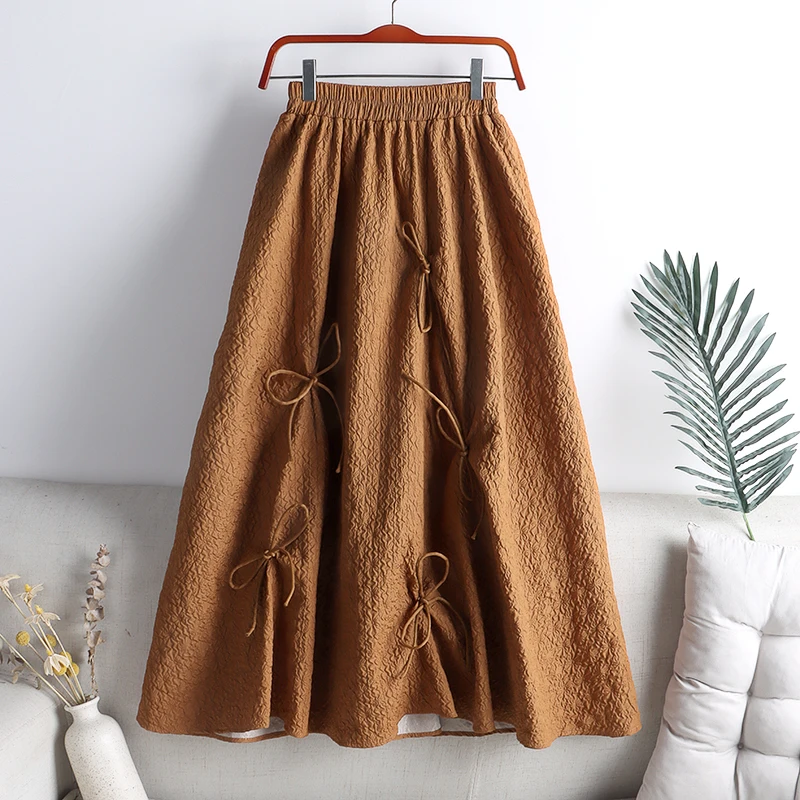 

Stylish Summer Crease Fabric Long Elegant Skirts for Women with Elastic Waist and Bow Japan Satin Korean Luxury Clothing