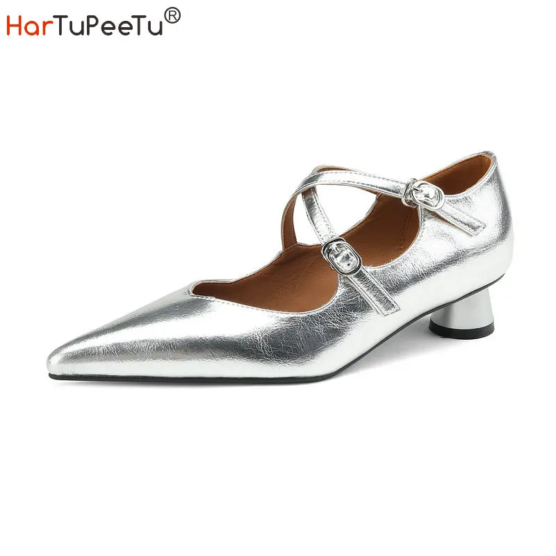 

Stylish Silver Mary Janes Shoes Girls Retro Kitten Heels Women 2022 Autumn Size 40 Pointed Toe Cross Buckles Cow Leather Pumps