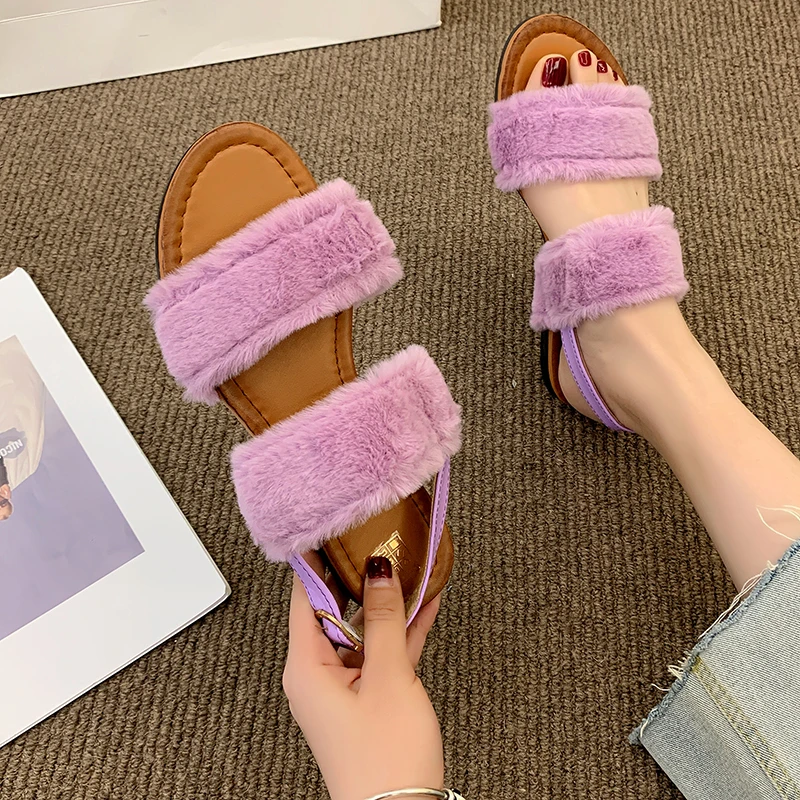 

Maggie's Walker Women Fashion Faux Fur Slippers Sweet Candy-Colored Slippery-proof Platform Autumn Slippers