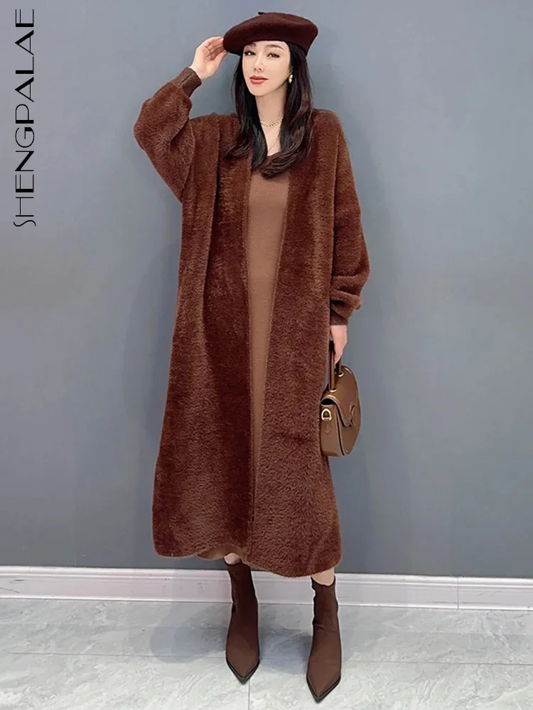 

SHENGPALAE Модный женский норковый вельветовый длинный свитер кардиган осень 2023 Новый однотонный темперамент универсальное вязаное пальто R7162