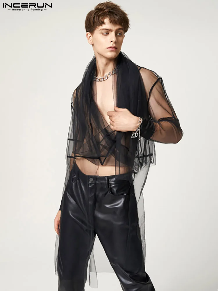 

Рубашка INCERUN Мужская сетчатая прозрачная, пикантная уличная одежда в стиле пэчворк, с длинным рукавом, асимметричная, для вечерние ринки, но...