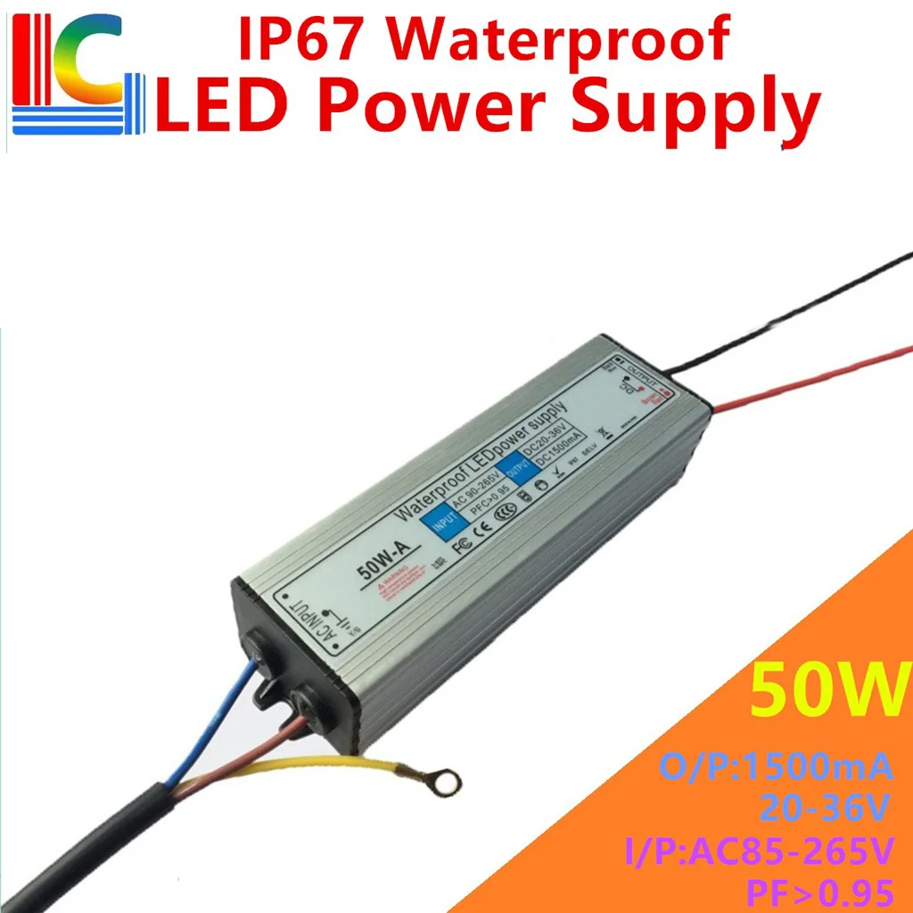 

50W IP67 Waterproof Power Supply DC 20V to 36V 1500mA Constant Current LED Driver 110V 220V Lighting Transformers for Floodlight