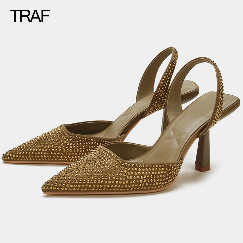 

TRAF Rhinestone High Heel Woman Pumps Spring Summer 2022 Women's Gold Fashion Black Blue Sandals Female Slingback Stiletto Heels