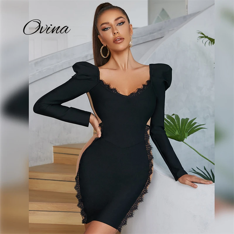 

High-End Black Women's Long Sleeve V Neck Lace Rayon Tight Bandage Fashion Celebrity Party Dress 2022 Autumn Warm Dress