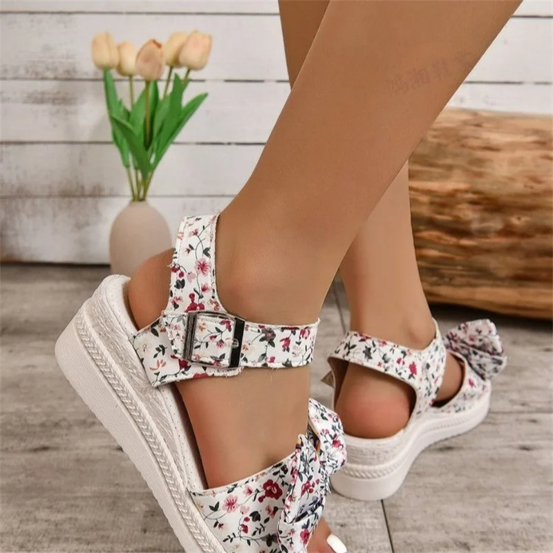 Shoes for Women 2023 Basic Women's Sandals Summer Casual Sandals Women Fashion Bow Wedges Shoes Ladies Print Platform Sandals
