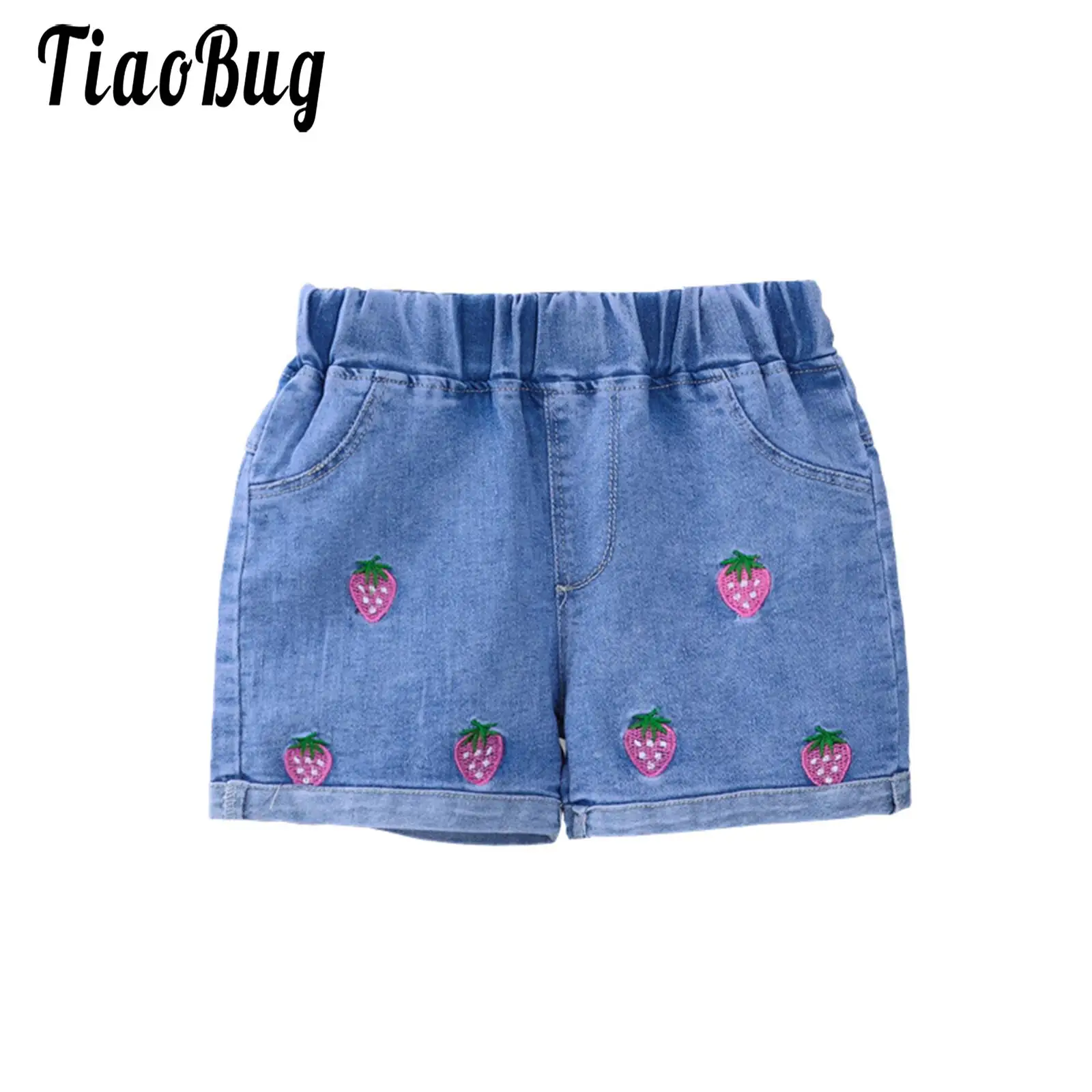 

Toddler Baby Girls Pull on Denim Shorts Cute Pattern embroidery Roll-up Casual Loose Jeans Short Pants Bottoms Daily Wear