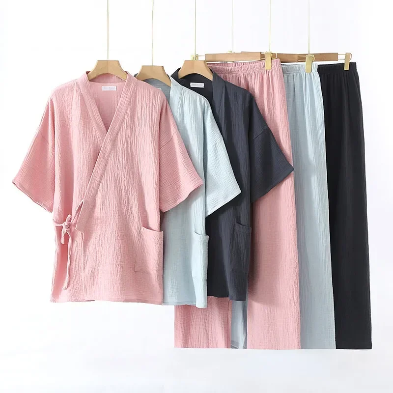 

Couple Trousers With for Gauze Pajama Top Comfortable Perfect Stylish Crepe Loungewear Cotton Short-sleeved Women's Set