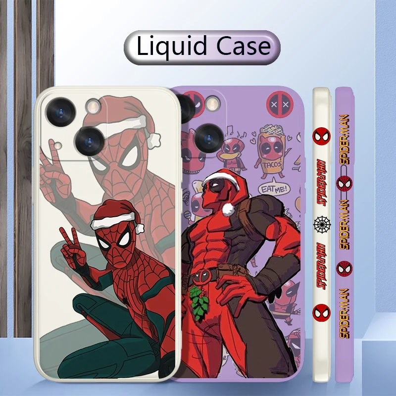 

Marvel Christmas Deadpool For iPhone 14 13 12 Mini 11 Pro XS MAX XR X 8 7 6S SE Plus Liquid Left Rope Shockproof Phone Case