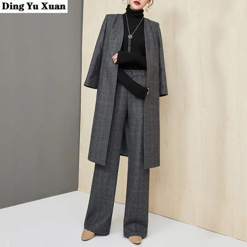 Office Professional Women's Blazer Pants 2 Piece Set Outfit Spring Female Business Casual Long Trench Coat with Wide Leg Trouser