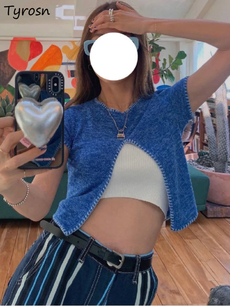 

Asymmetrical T-shirts Women Personality Design Crop Hot Girls Pure Skinny Stylish All-match Summer Knitwear Creativity Harajuku