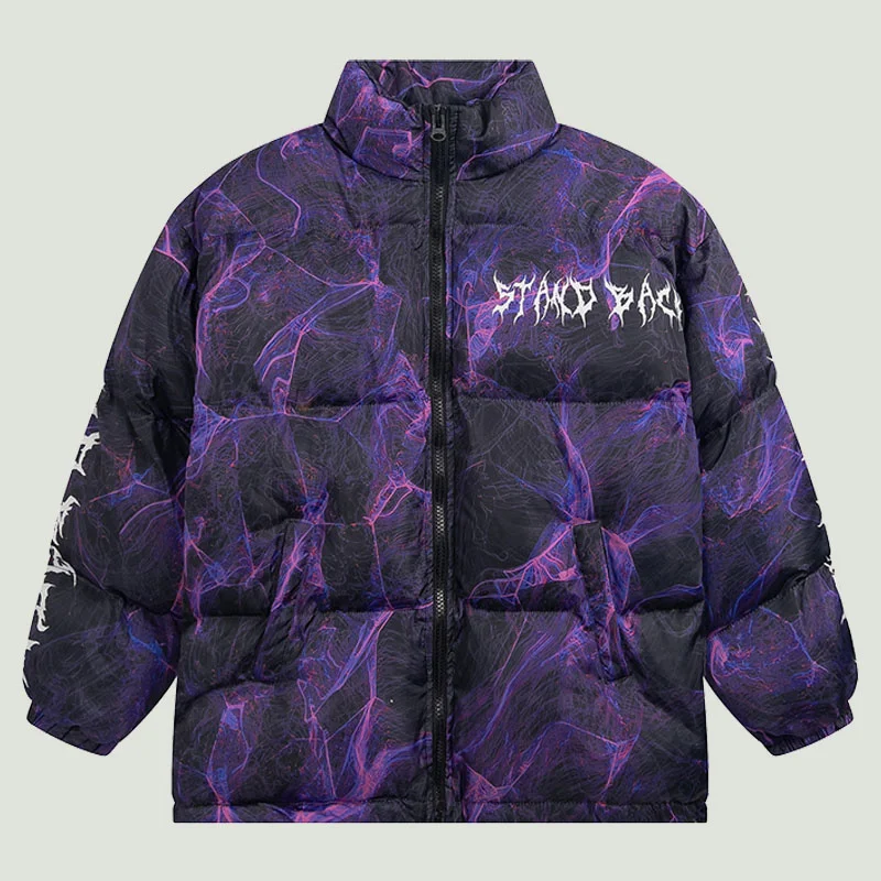 

Hip Hop Oversized Padded Parkas Mens Lightning Print Spliced Coats Winter Thick Warm Harajuku Casual Cotton Loose Parkas Couples
