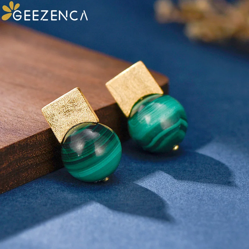 

GEEZENCA Simple Malachite S925 Silver Gold Plated Square Stud Earrings For Women Trendy Korean Style Minimalist Geomtric Earring
